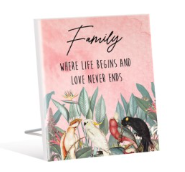 FAMILY WHERE LIFE BEGINS AND LOVE NEVER ENDS - SENTIMENTAL PLAQUE - PARROTS - 12 X 15 CM