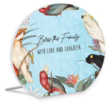BLESS THIS FAMILY WITH LOVE AND LAUGHTER - SENTIMENT PLAQUE - PARROT - 13 X 15CM