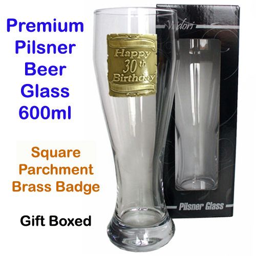 30TH BRASS SQUARE BADGE PILSNER GLASS BOXED 600ML