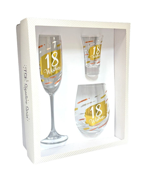 18 Wishes Luxe Stemless, Shot, Flute Glassware Gift Pack