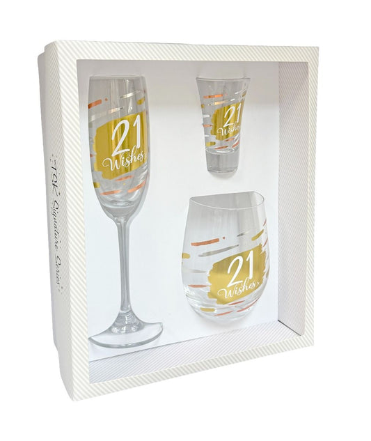 21 Wishes Luxe Stemless, Shot, Flute Glassware Gift Pack