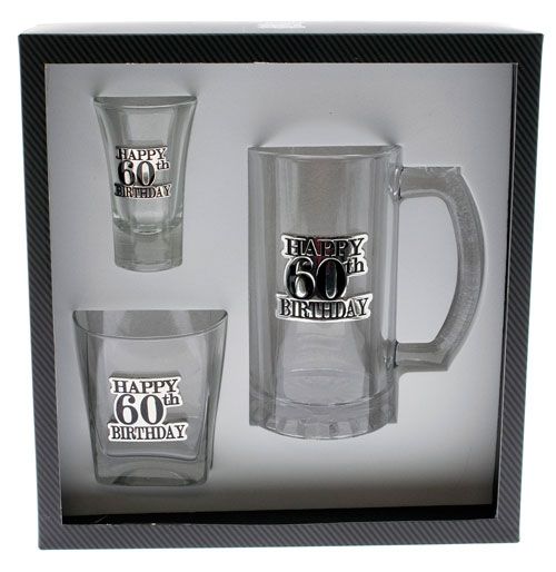 60th Birthday Badged Scotch, Shot and Stein Glassware Gift Pack