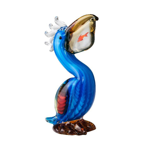 COLOURED GLASS PELICAN WITH FISH H25 X L16 CM