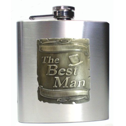BESTMAN SILVER SQUARE BADGE SATIN S/S FLASK BOXED 190ML