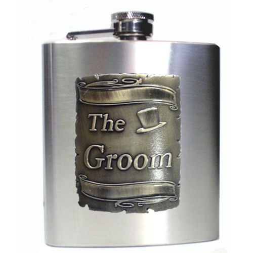 GROOM SILVER SQUARE BADGE SATIN S/S FLASK BOXED 190ML