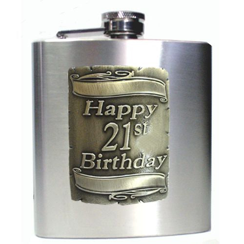 21st Silver shield badge S/S Satin Hip Flask boxed 190ml