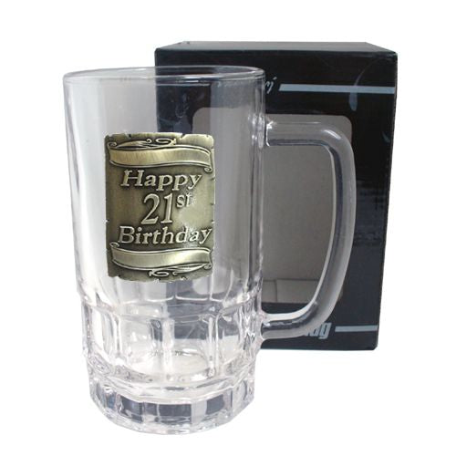 21 ST SILVER SQU BADGE BEER MUG GLASS GIFT BOX 500ML