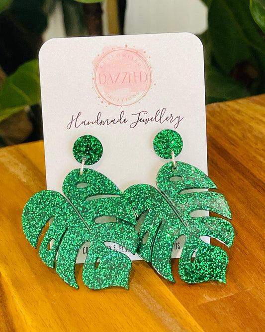 Monstera Leaf Green Glitter Dangles