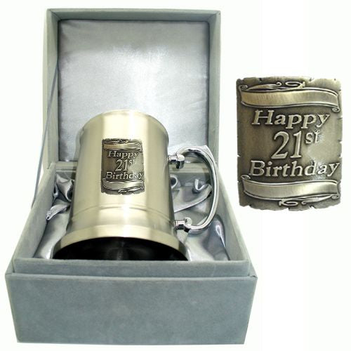 21ST SIL SQU BADGE DELUXE GIFT BOX SATIN S/S BEER MUG