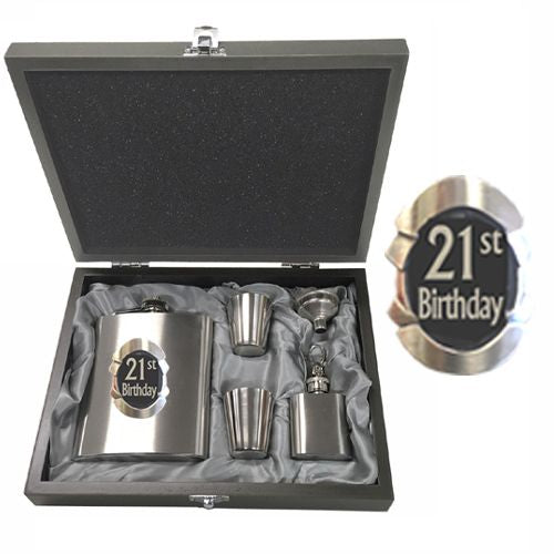 21ST BLK & SIL STD & MINI FLASK-2 CUPS- FUNNEL+PEN-BOXED