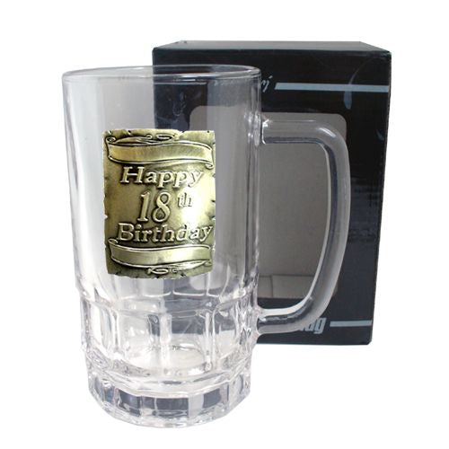 18TH SILVER SQU BADGE BEER MUG GLASS GIFT BOX 500ML