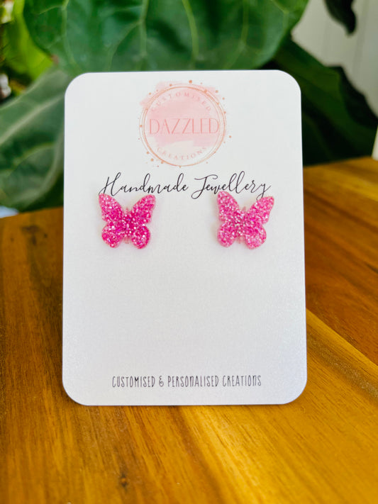 Pink Glitter Butterfly Studs